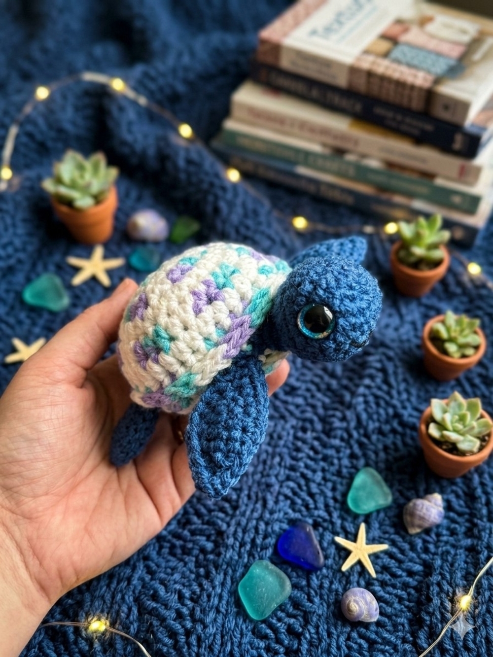 Handmade Blue Crochet Turtle Toy with Cream Shell